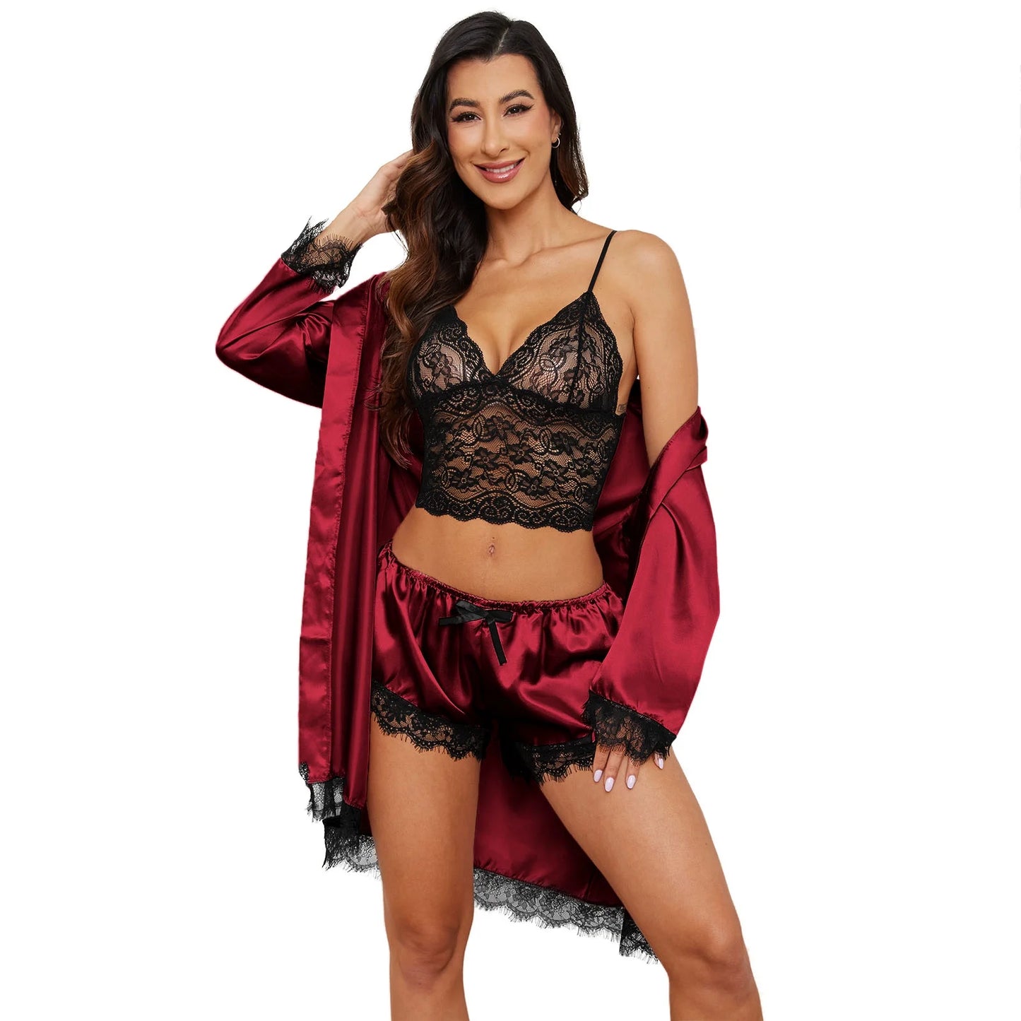 Sexy Lingerie, Silk Satin Pajamas for Women, Womens Summer Pajamas Pjs Sets of 4 Pcs with Floral Lace Top Shorts and Robe, Gift for Women, Black, L