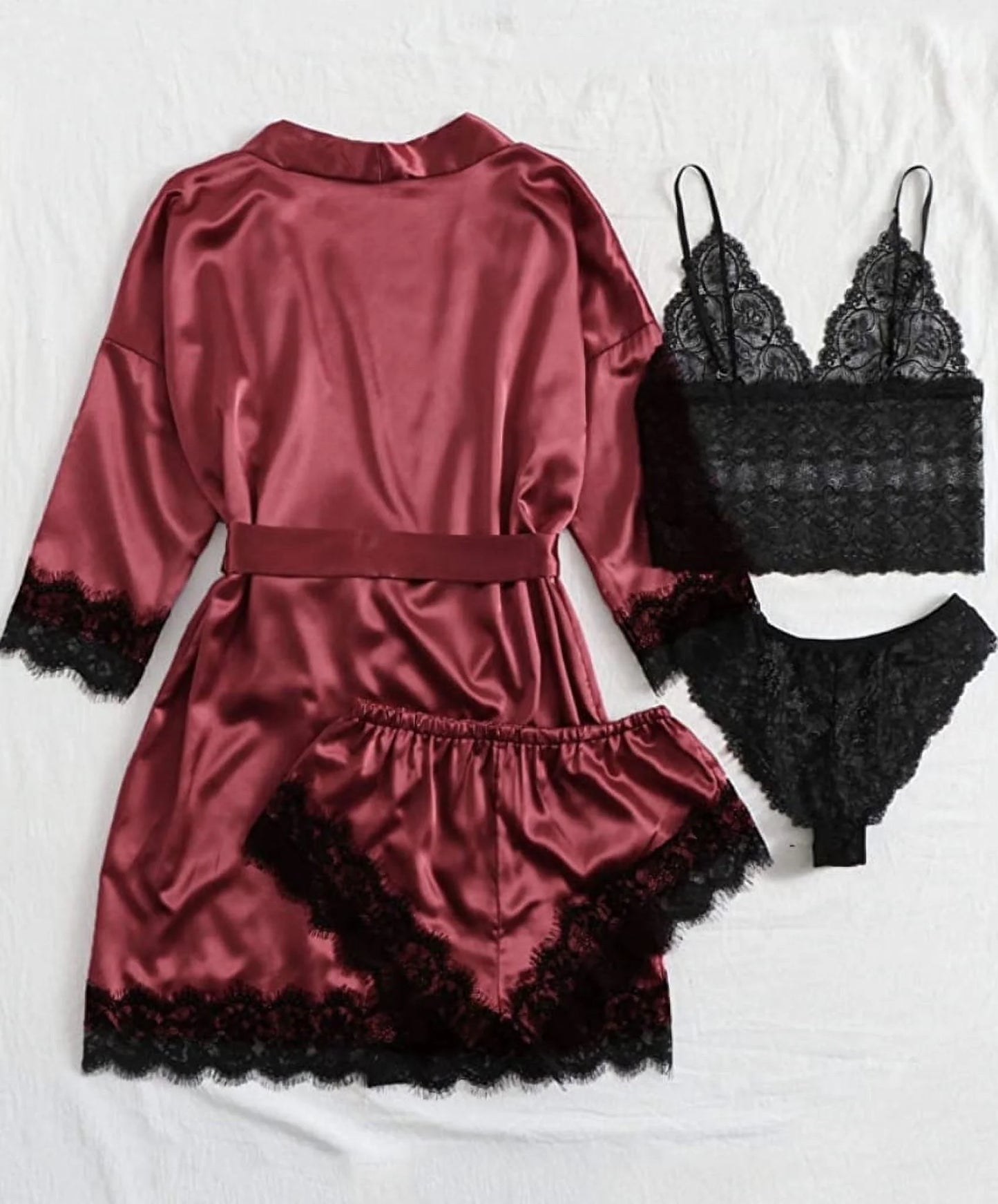 Sexy Lingerie, Silk Satin Pajamas for Women, Womens Summer Pajamas Pjs Sets of 4 Pcs with Floral Lace Top Shorts and Robe, Gift for Women, Black, L