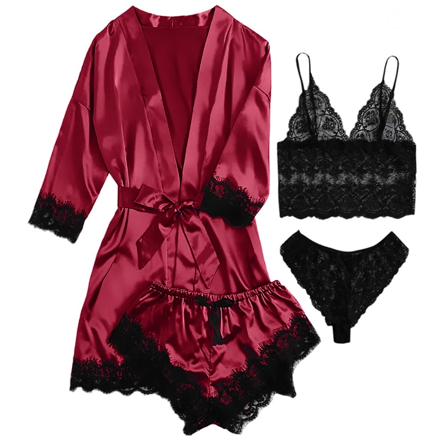 Sexy Lingerie, Silk Satin Pajamas for Women, Womens Summer Pajamas Pjs Sets of 4 Pcs with Floral Lace Top Shorts and Robe, Gift for Women, Black, L