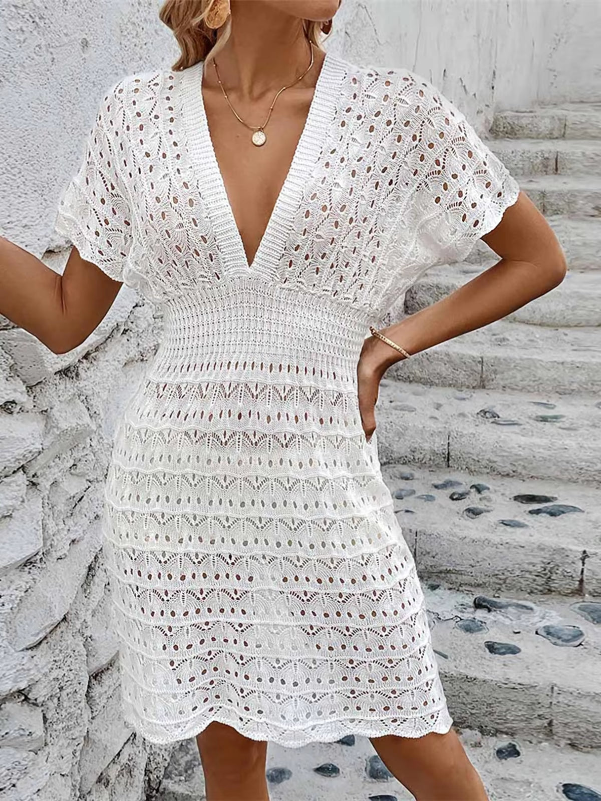 S - XL Short Sleeve V Neck Crochet Knitted Tunic Beach Cover up Cover-Ups Beach Dress Beach Wear Beachwear Female Women V5314