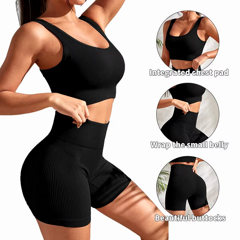 Seamless Ribbed Yoga Sets Workout Sets for Women 2 Pieces Gym Suits Ribbed Crop Tank High Waist Shorts Outfits Fitness Running